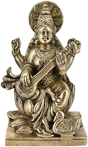 Bijela kita mesing boginja Saraswati sjedeći na kamal statui idol kućna dekor figurica