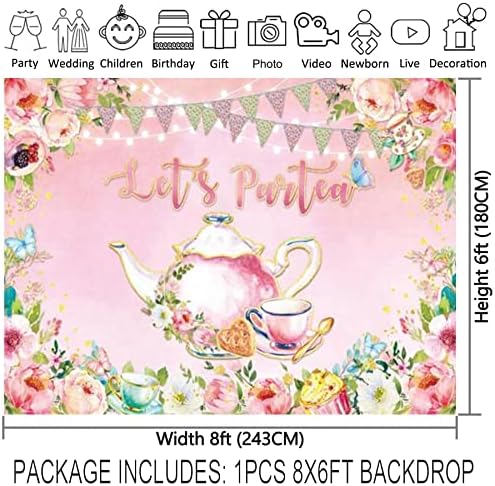 96x72Inch tkanina ružičasta čajanka Backdrop za djevojčice Vrt Cottage Let's Partea Banner Women Happy Birthday PhotosHoot