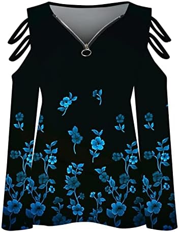 S gornjih ramena za žene patentni zatvarač s cvjetnim tiskanim majicama izrezati dugi rukav labav fit Flowy Flarne vrhovi