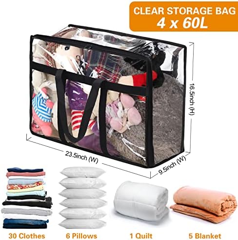 Fixwal Clear Clear Skladištenje 60L Pokretanje tota sa ojačanim ručicama Ormar Organizator vinilne torbe za posteljinu setovi za posteljinu pokrivači prekrivače prozirne kontejnere za prodaju