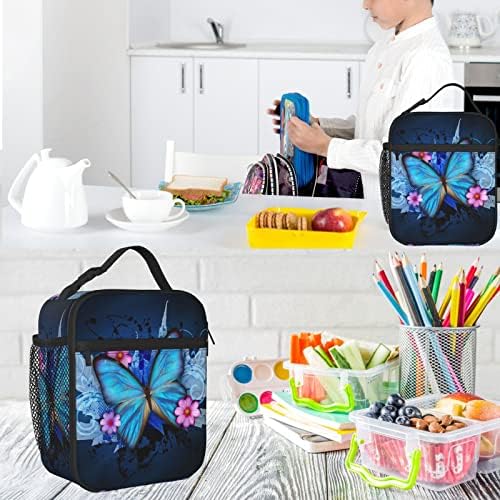 PrelerDIY Blue Butterfly Floral Lunch Box-izolovane torbe za ručak za žene / muškarce / djevojčice/dječake odvojive ručke Lunchbox Meal Tote Bag
