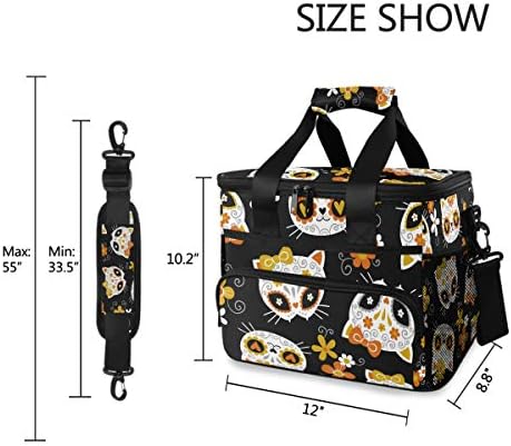 Alaza slatka mačka šećer lobanje i cvijeće na crnoj velikoj torbi za ručak izolovana kutija za ručak