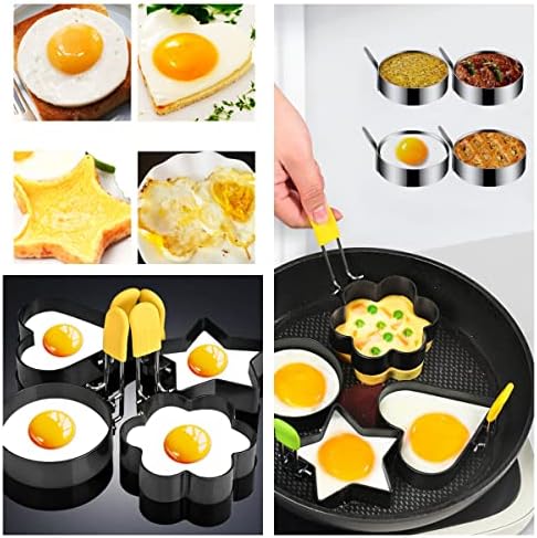 Prsten za jaja nadograđen Set od 4 komada sa četkom za ulje, sklopivom silikonskom ručkom.Prsten za jaja od nerđajućeg čelika, Non Stick okrugli omlet Model za sendviče sa Mcmuffinom od prženih jaja.(4 različita oblika)