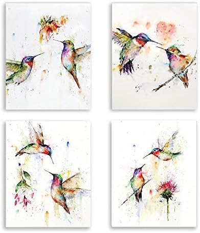 KAIRNE Abstract Birds Art print akvarel Hummingbirds i cvjetna grana slika na platnu, Set od 4 neuramljena,