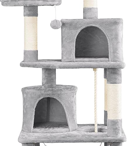 Dvostruki stan za mačke i toranj za grebanje, Svijetlosivo drvo za mačke s loptom za igračke veliki dvostruki namještaj Condo Cat Wood Tower za mačke Tree drveni mačji toranj s dvostrukim stanovima, prostrani smuđ