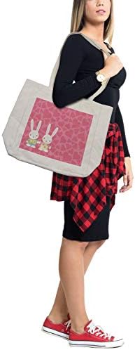 Ambesonne Bunny torba za kupovinu, tematski uzorak za Dan zaljubljenih sa srcima i romantičnim Zečićima u odjeći, ekološka torba za višekratnu upotrebu za namirnice plaža i još mnogo toga, 15,5 X 14,5, krema