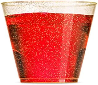 Munfix 100 Glitter Plastic Cups - 9 Oz Clear Plastic Cups Old Fashioned Tumblers -Gold Glitter