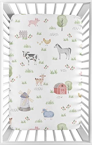 Sweet Jojo dizajn Poljoprivredni dječak ili djevojka opremljeni mini listom krevetića Dječji vrtić za prijenosni krevetić ili pakovanje i igranje - akvarel seoska kuća svinja konja