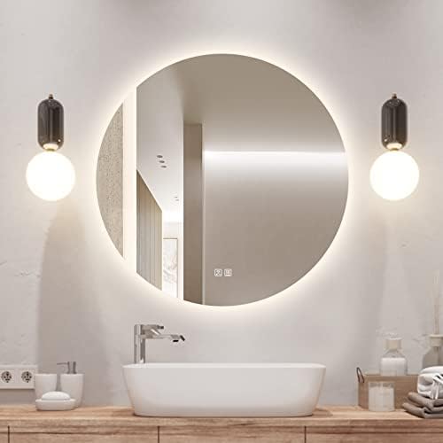 ROOMTEC 36-inčno LED okruglo ogledalo za kupatilo sa svetlima, pametna zatamnjena ogledala za zid,ogledalo za šminkanje osvetljeno protiv magle sa pozadinskim osvetljenjem