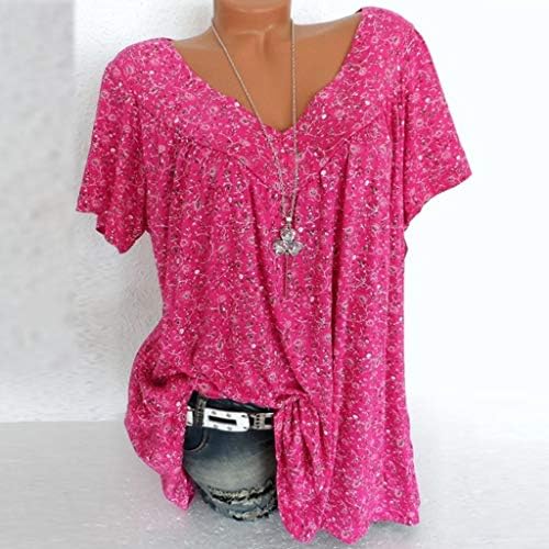 Ženski ljetni vrhovi 2023, ženska maslačka tiskane majice s kratkim rukavima T-majice V tipka izreza slatka tunika vruća ružičasta