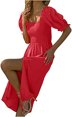 Žene ljetne haljine Vintage elastični pamuk trgujski vrat kratki lisnatni rukav plaža Flowy Maxi haljine casual party haljina #