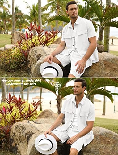 Muškarci 2 Komad Posteljina Shirts Setovi Ljetna Plaža Outfits Kratki Rukav Dugme Down Shirt Drawstring Loose Shorts Odijelo Set