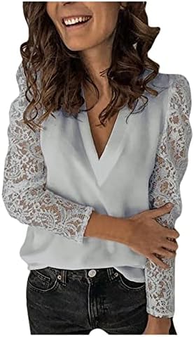 Žene čipka za bluza od čipke čipke patchwork V izrez Fall Tops casual izlaskom odjeće moda 2022