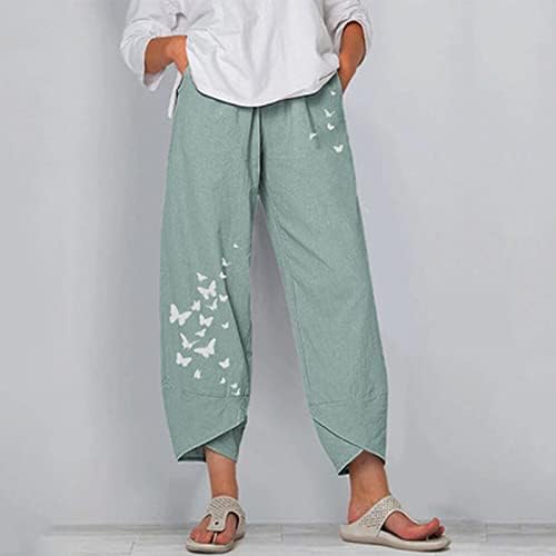 Gufesf ženske casual obrežene pamučne posteljine kaprisu hlače konusne pantalone za gležnjeve sa džepovima posteljine pantalone za žene ljeto