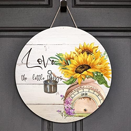 Dobrodošli Little stvari Okrugli drveni znak Rustikalni proljetni cvijet suncokreta u vazi viseće ploče