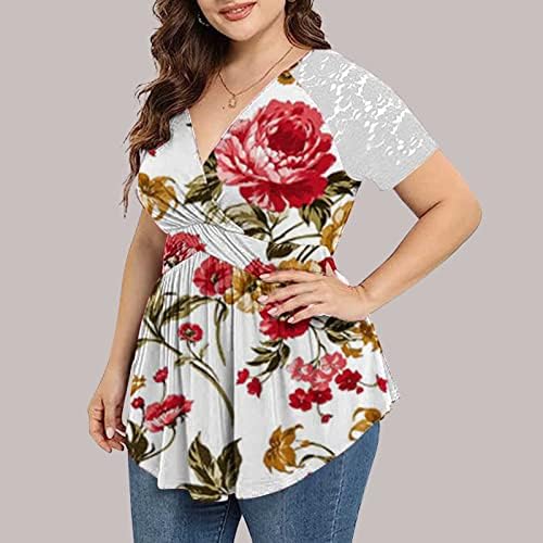Plus size Ljetna majica za žene V izrez Ruffled cvjetni tiskani tunički vrhovi Dressy CACH kratkih rukava kratkih