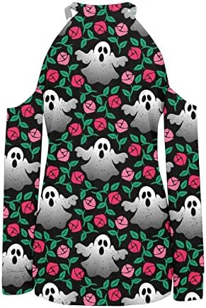 Ženska hladna ramena Halloween Top - Žene Ležerne prilike pune rukave O vrat Labava bluza Halloween Print Graphic majica #