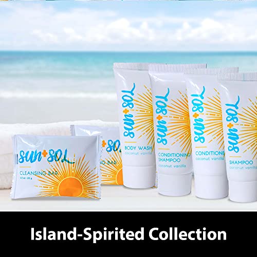Sun + Sol Bulk osvježavajuće pranje tijela s toplim kokosom & Vanilla mirisa, putne veličine toaletne potrepštine, Mini Hotel pogodnosti, 0.7 oz, 50 računati