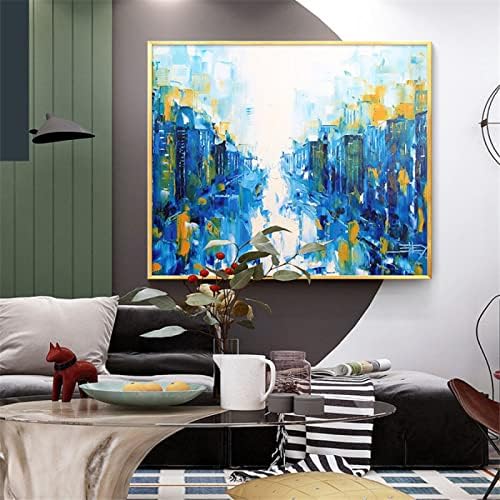 Ručno oslikana Umjetnost teksturirano ulje - Sažetak Blue City Street Square moderna Muralna Umjetnost velike veličine na platnu slika za nordijsku kućnu sobu Hotel dekor, Neuramljen , 140X140Cm