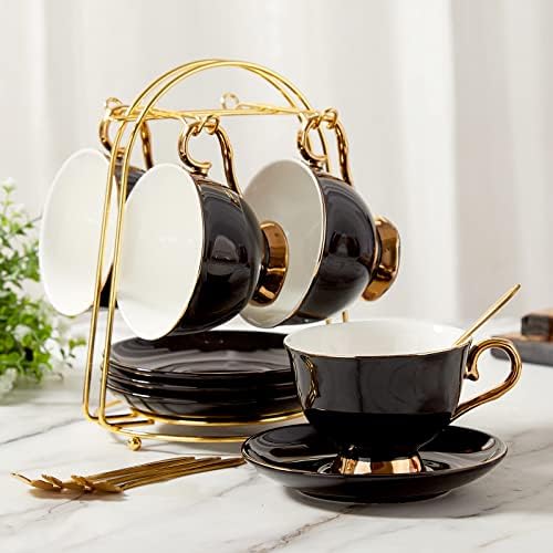 Dujuš čajne čajne čaj i tanjur set 4, luksuzni čaj za čaj sa zlatnim oblogom, crne šalice kafe sa metalnim postoljem, britanskom porculanskom čajnom setu - crna